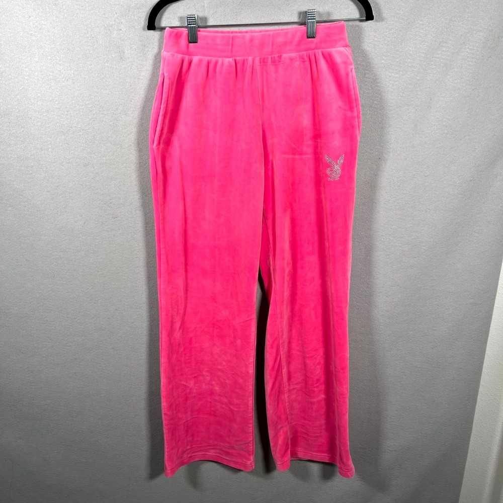 Playboy Sweatpants Womens Medium Pink Velour Rhinestone Stretch Straight Leg